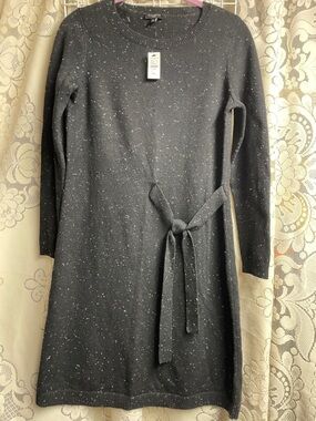 Talbots Black Speckled Knit Tie-Waist Long Sleeve Dress NWT